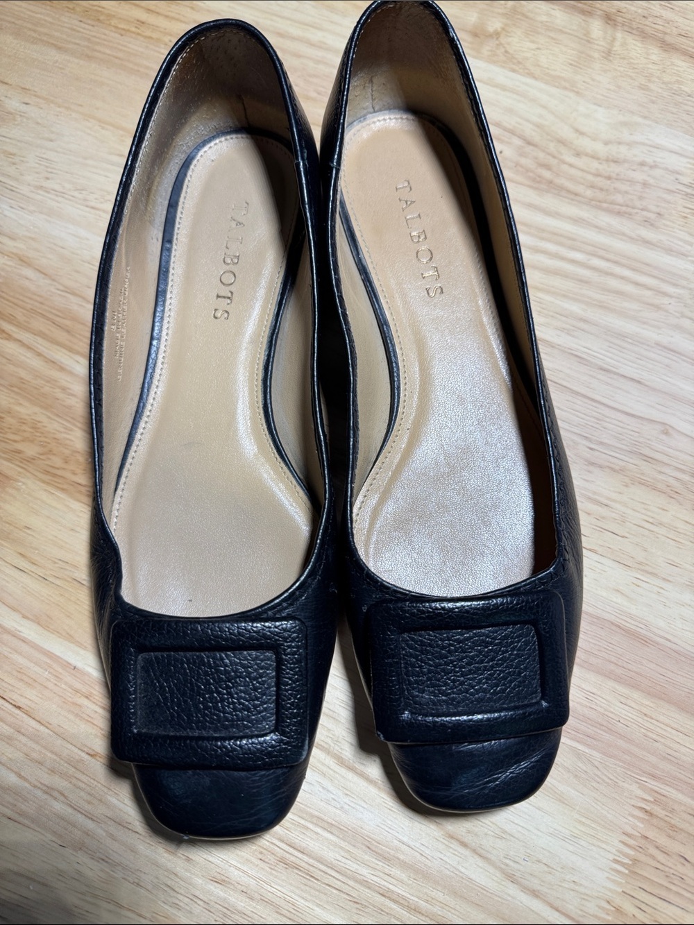 Talbots Black Leather Square-Toe Ballet Flats with Decorative Vamp